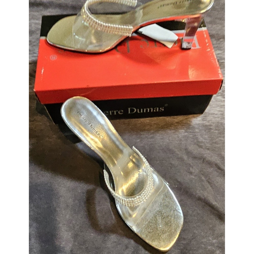 Pierre Dumas Silver Rhinestone Clear Strap Slide Sandals Heels Womens 11 3148038